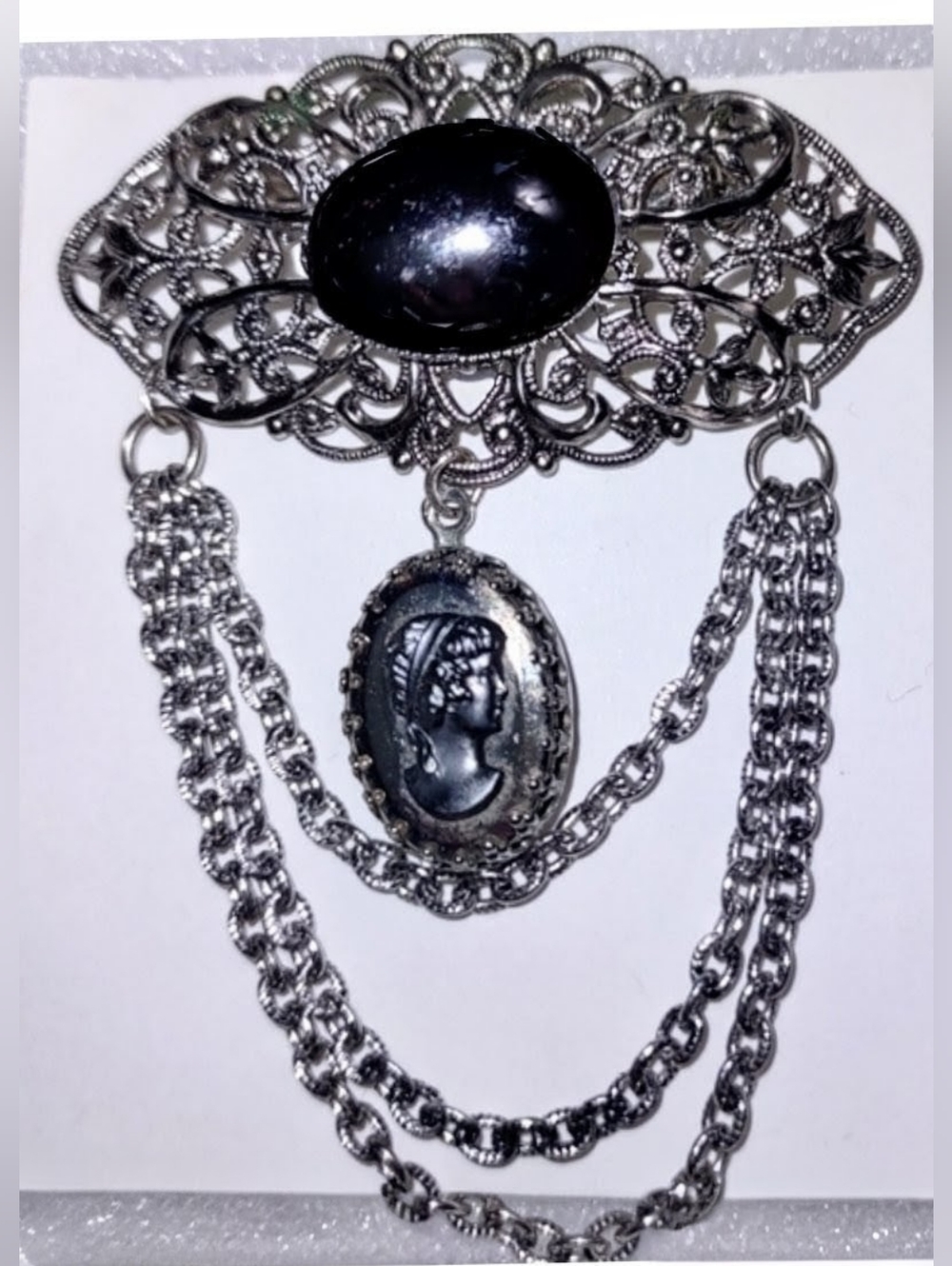 Vintage Upcycled Brooch w/ Cameo & Chains
